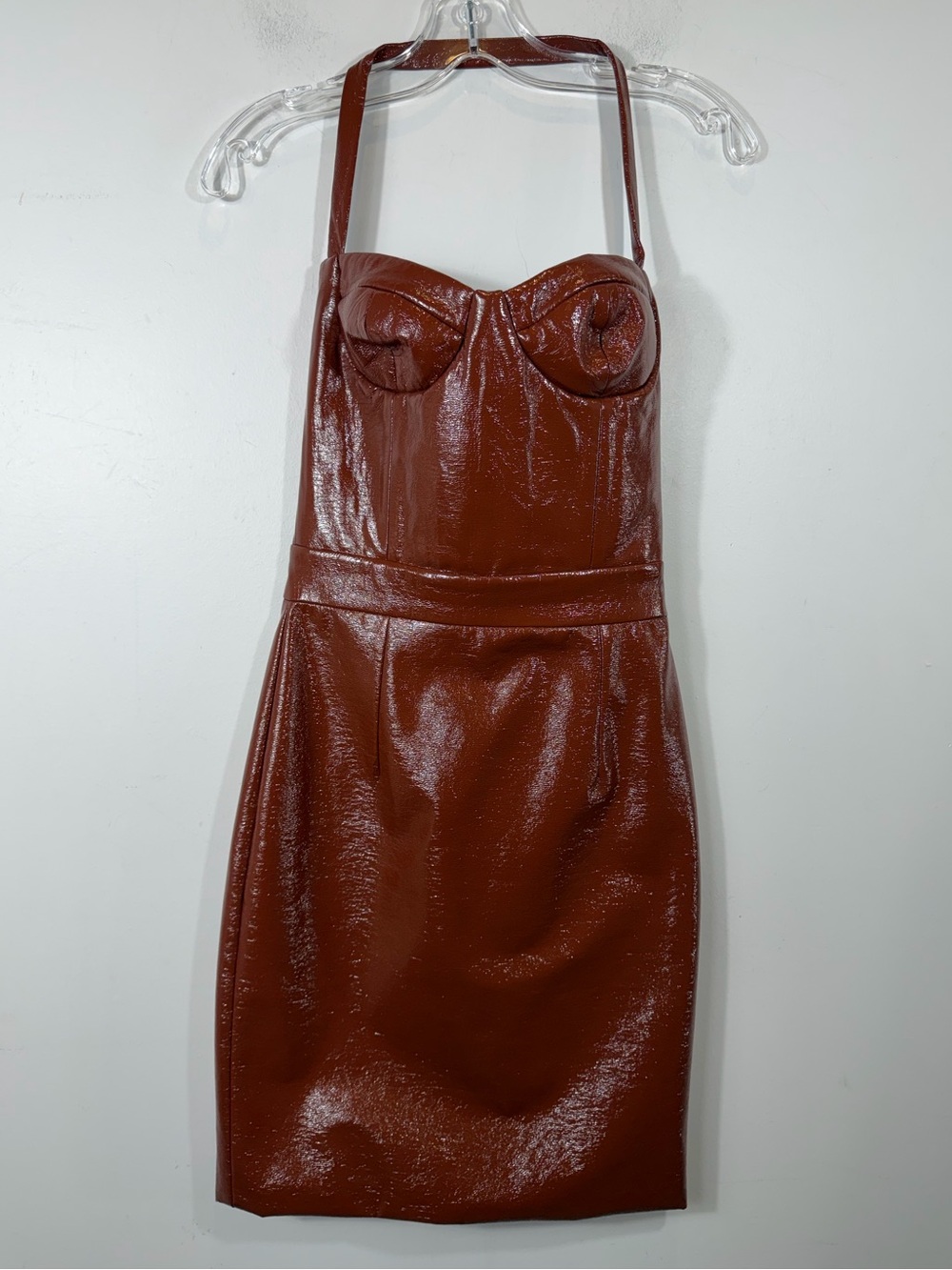 New Arrivals 34 Brown Faux Leather Halter Mini Dress Bustier Bodycon Back Zip